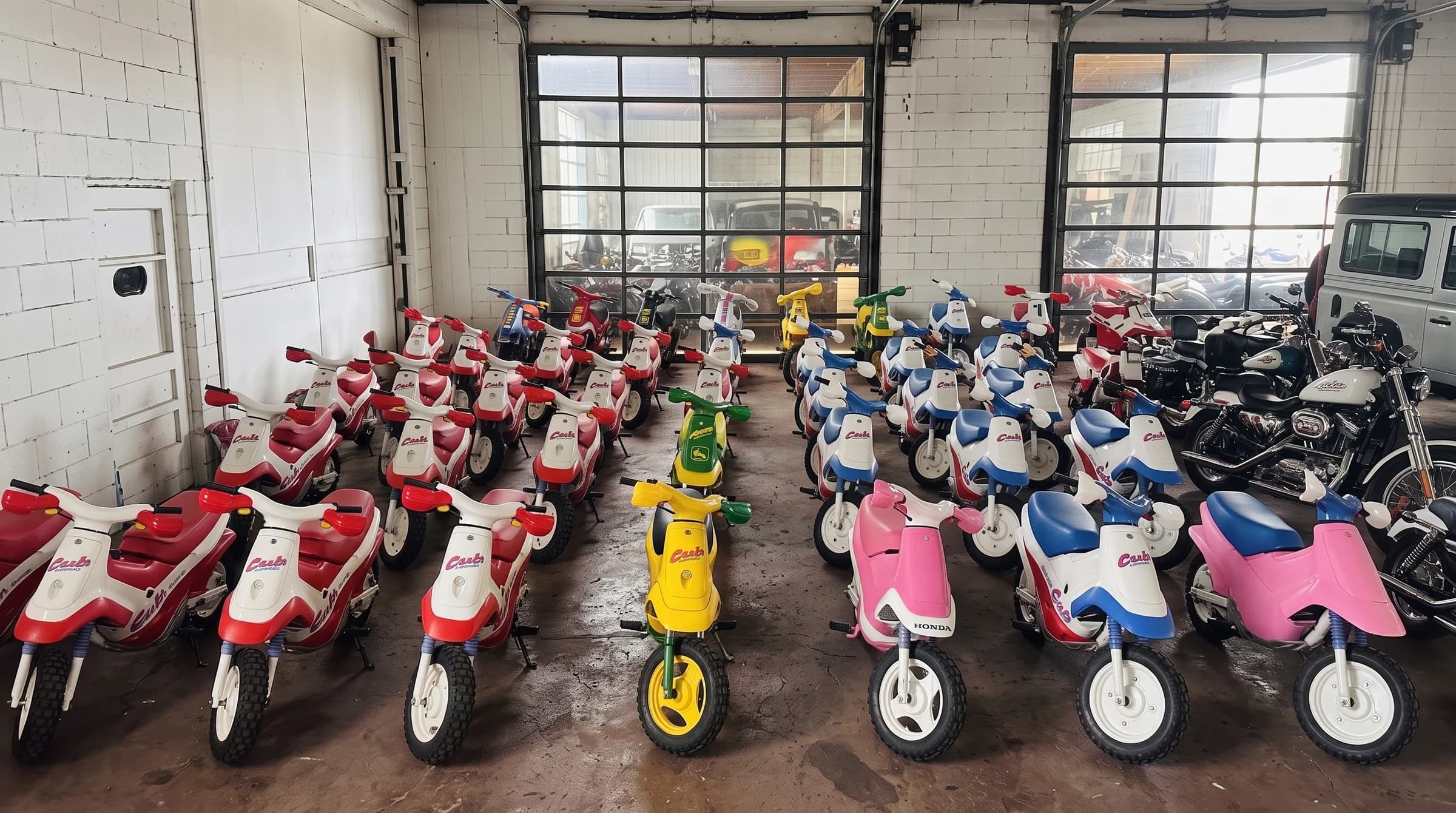 The collection warehouse: rows of classic Honda Cub mini bikes with full-size motorcycles and a Land Rover Defender behind, daylight through the industrial roll doors.