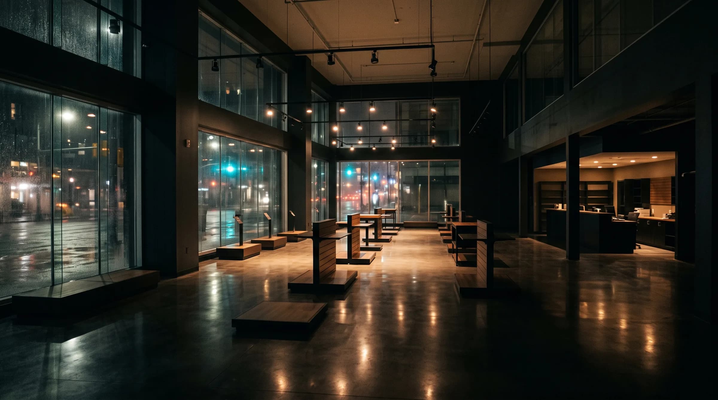 Studio rendering of a dark, empty showroom floor at night: display plinths under warm pools of track lighting, glass frontage onto a wet street.