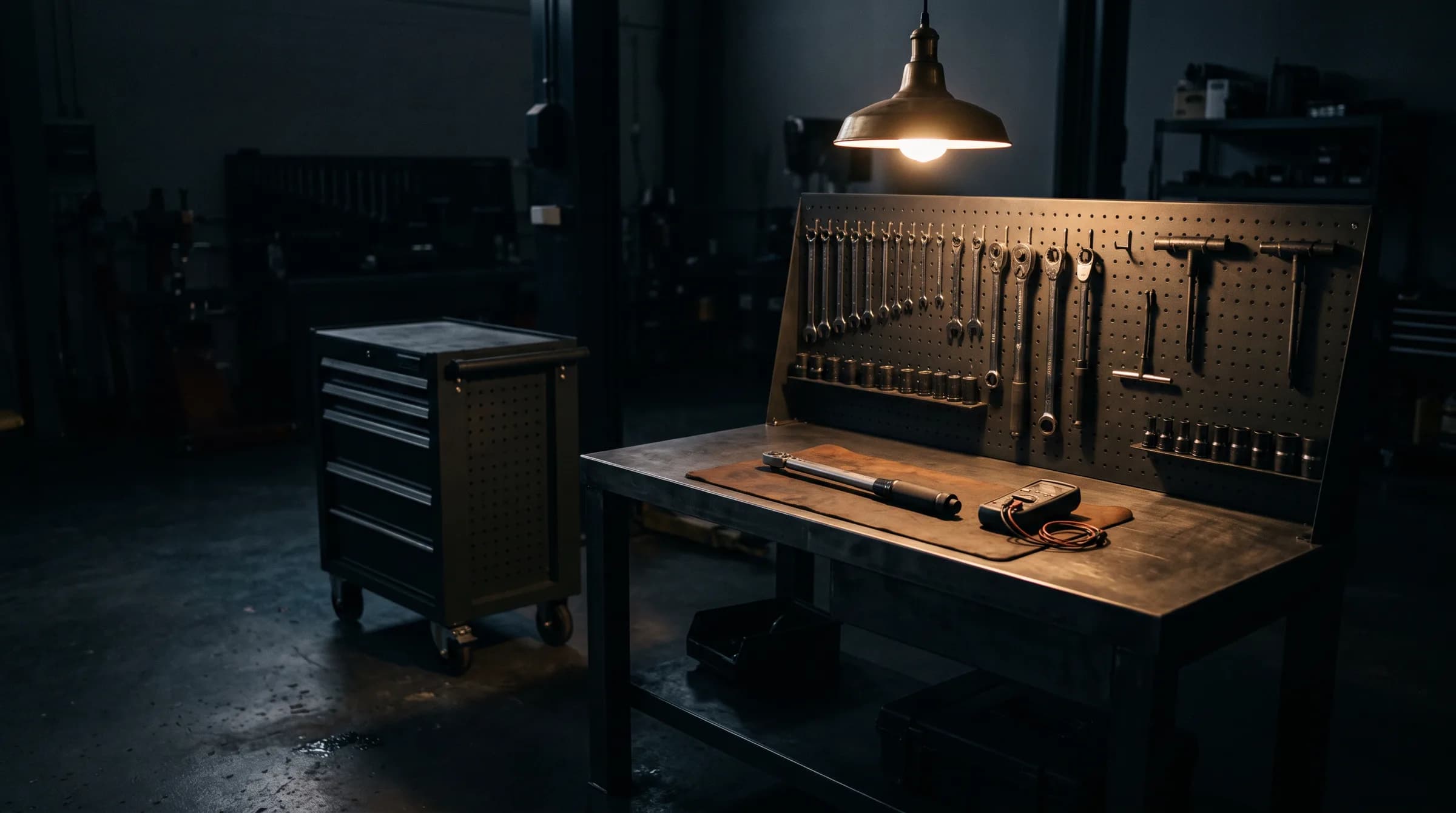 Studio rendering of a workshop bench at night: a torque wrench and multimeter under a single warm lamp, wrenches on a dark pegboard behind.