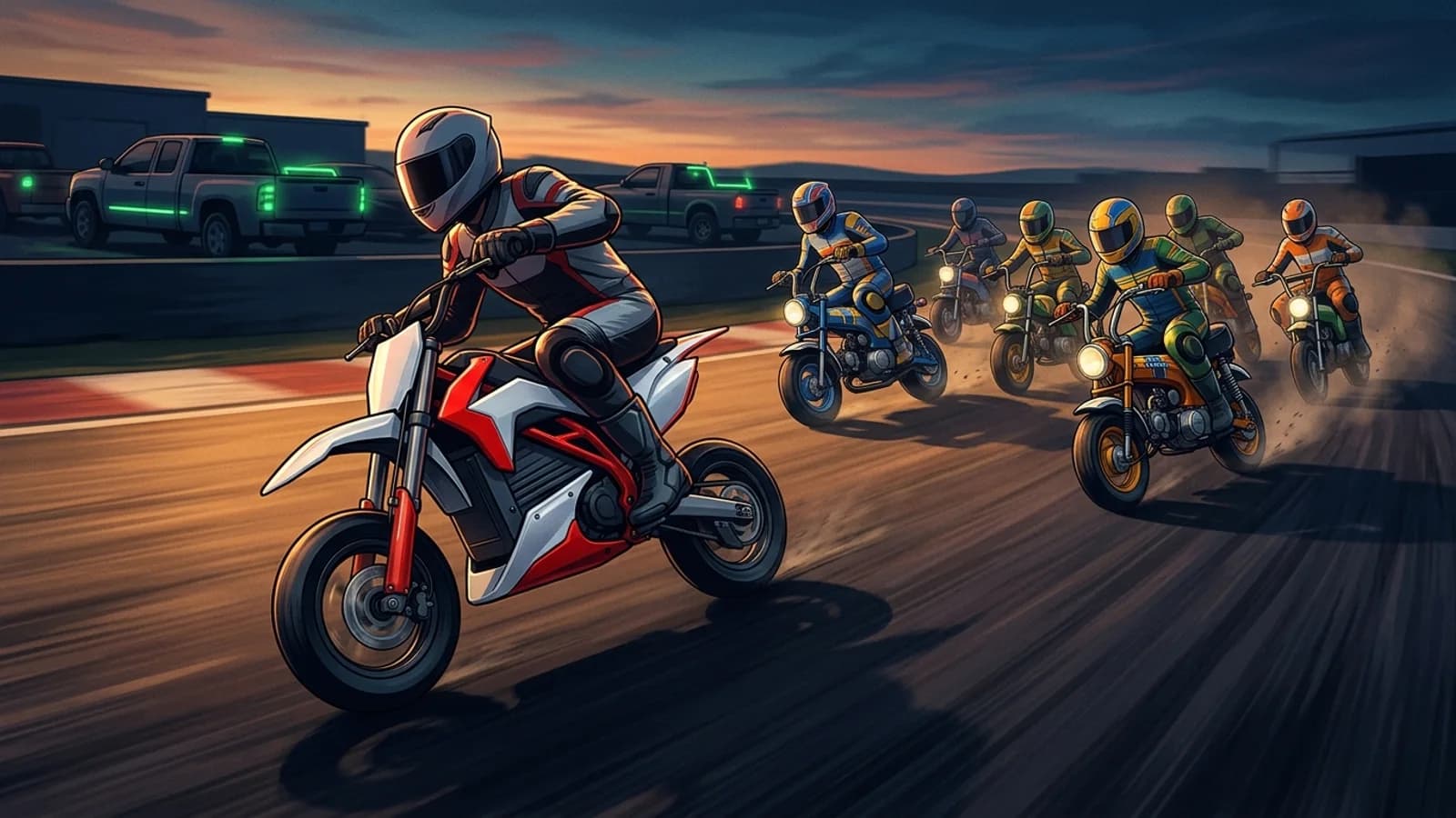 FELO: Voltage Run key art — the white and red electric pit bike leading a pack of classic minis down a golden-hour paddock straight.